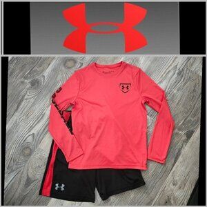 Under Armour Red-Orange Long Sleeve top & Black Shorts Boys Size YSM